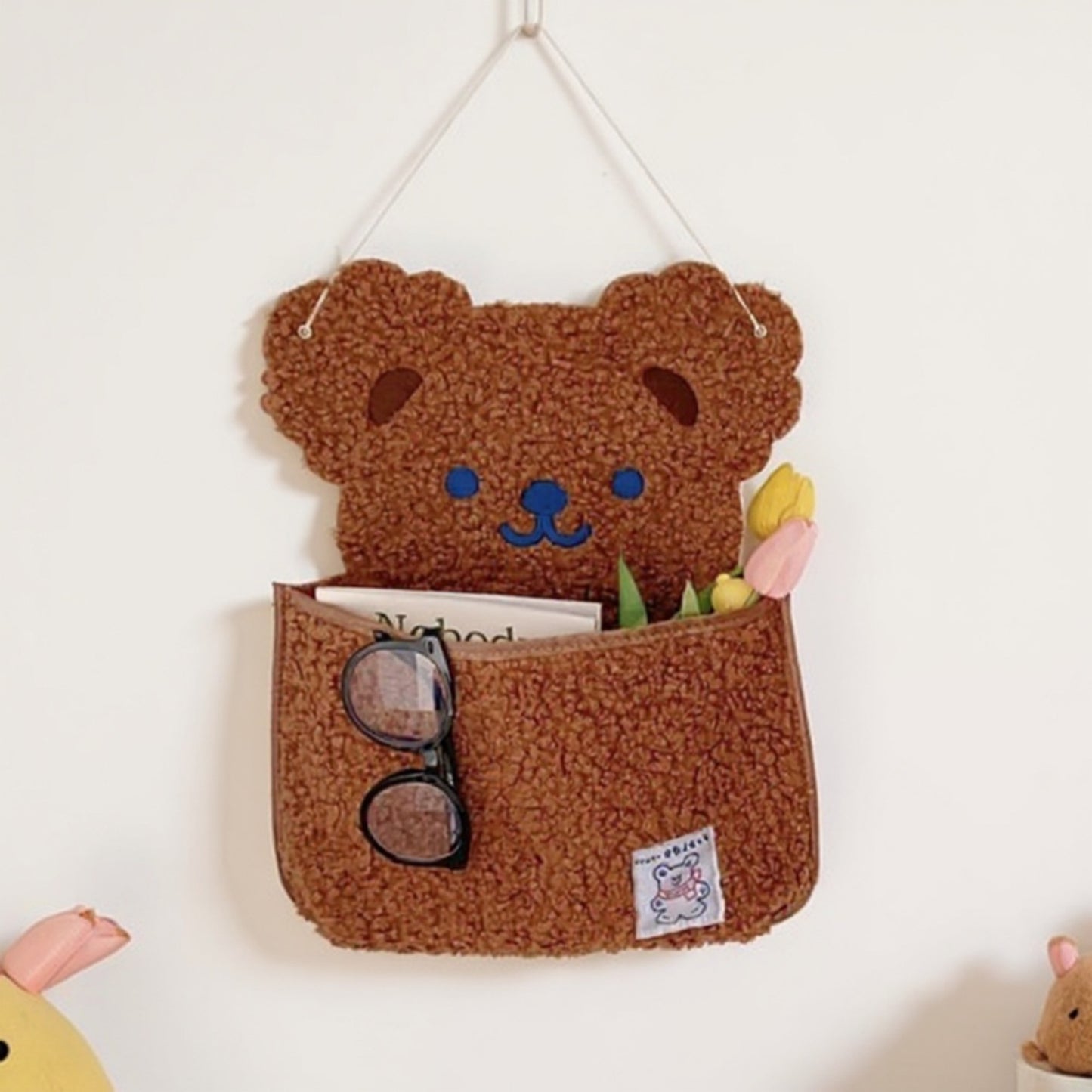 Anna-Kaci Plush Bear Wall Pocket Organizer with Hanging Loop and Front Storage Pouch