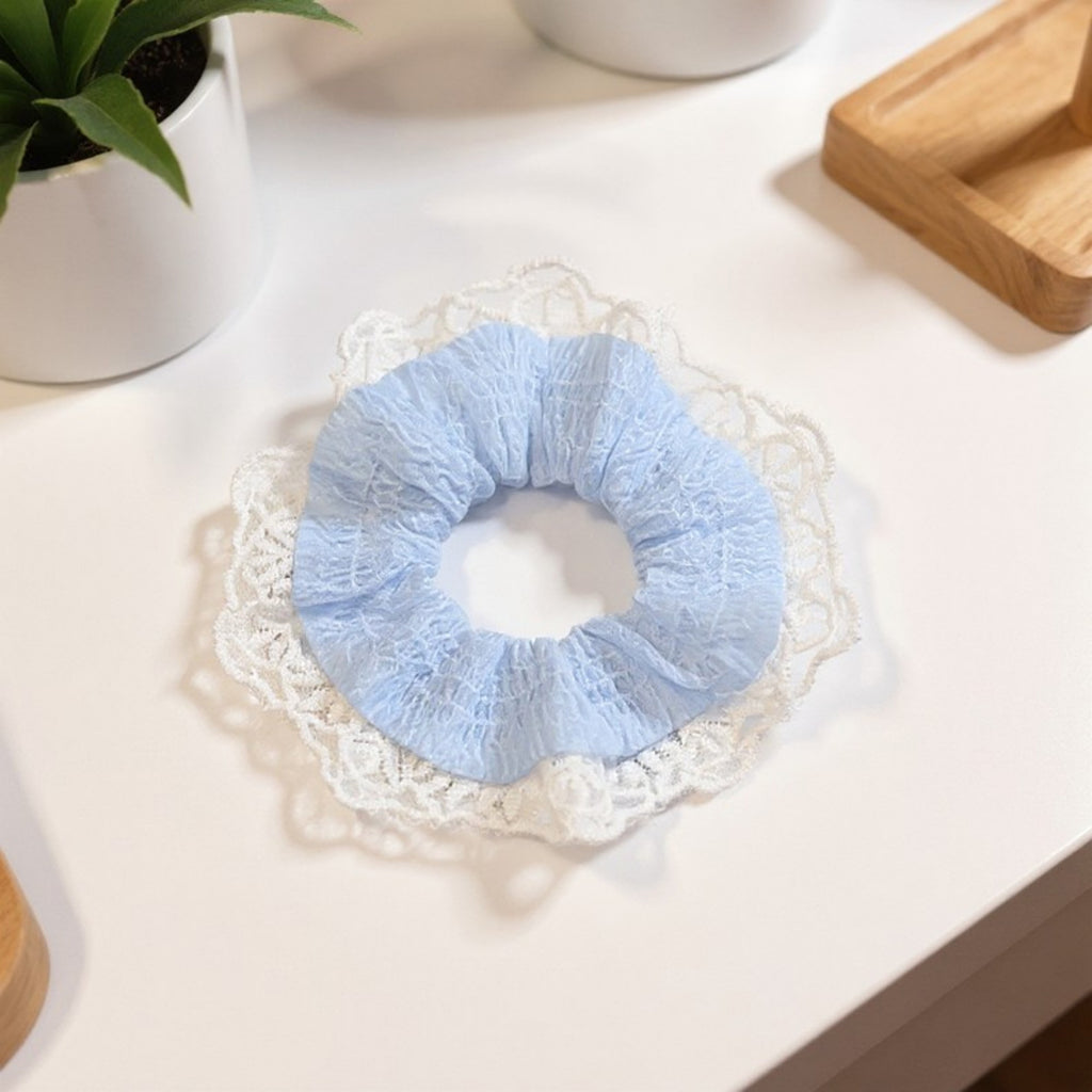 Anna-Kaci 3-Piece Lace Trim Textured Scrunchies Set with Soft Elastic Design 4.7in