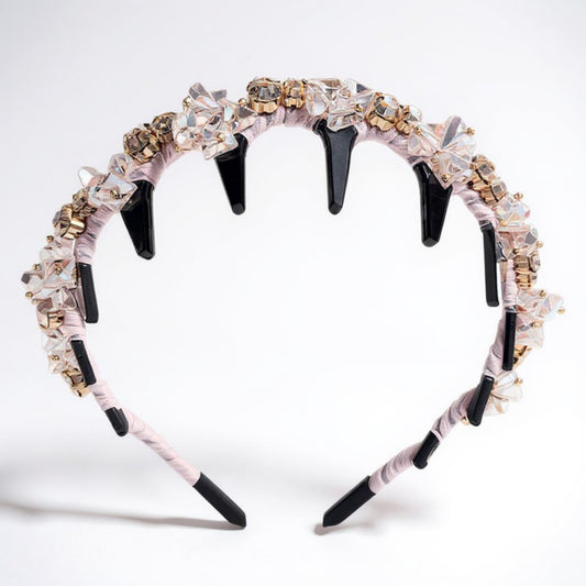 Anna-Kaci Embellished Crystal Bead Hairband with Wrapped Satin Design and Grip Teeth 5in