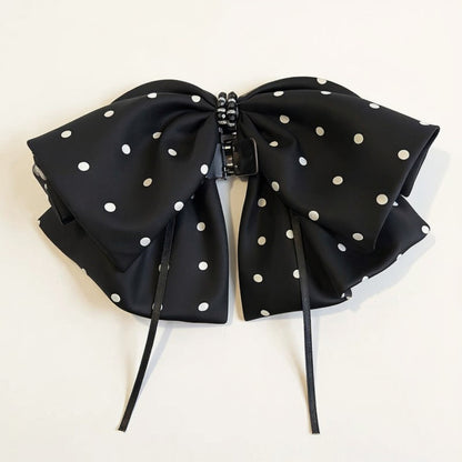 Anna-Kaci 2-Piece Polka Dot Bow Hair Clips Set with Ribbon Tails and Oversized Design 7x4.7in