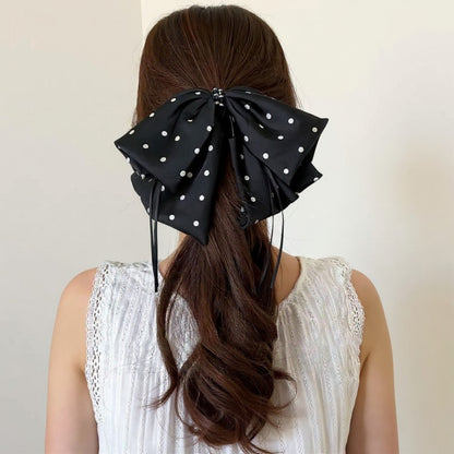 Anna-Kaci 2-Piece Polka Dot Bow Hair Clips Set with Ribbon Tails and Oversized Design 7x4.7in