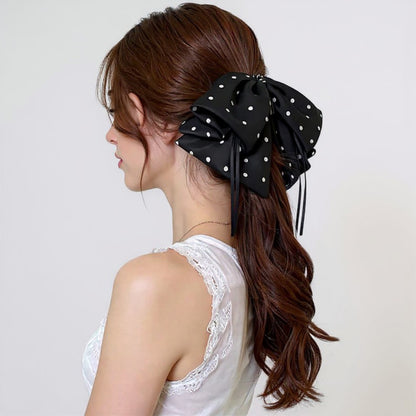 Anna-Kaci 2-Piece Polka Dot Bow Hair Clips Set with Ribbon Tails and Oversized Design 7x4.7in