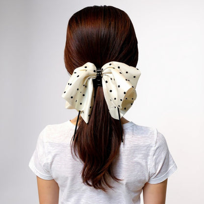 Anna-Kaci 2-Piece Polka Dot Bow Hair Clips Set with Ribbon Tails and Oversized Design 7x4.7in