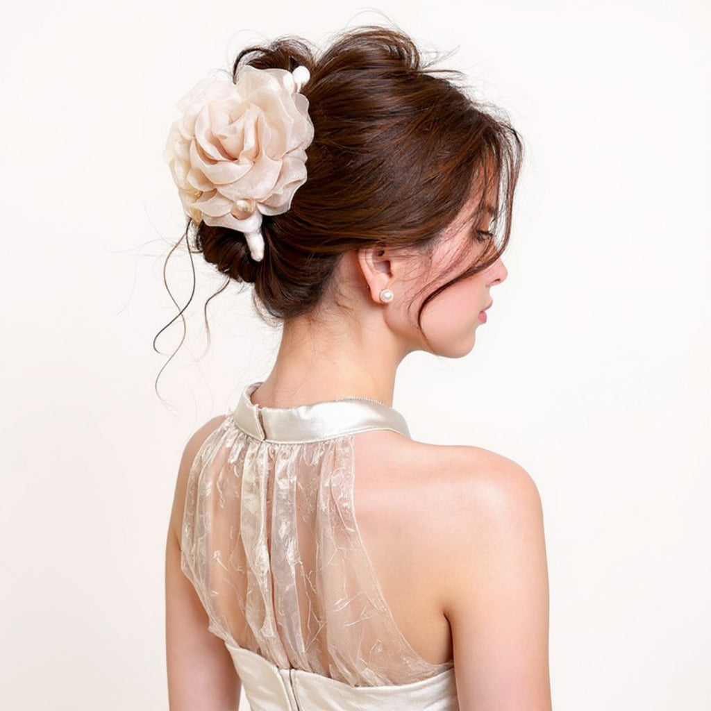 Anna-Kaci 2pcs Large Sheer Fabric Flower Hair Clip with Layered Petal Design 5in