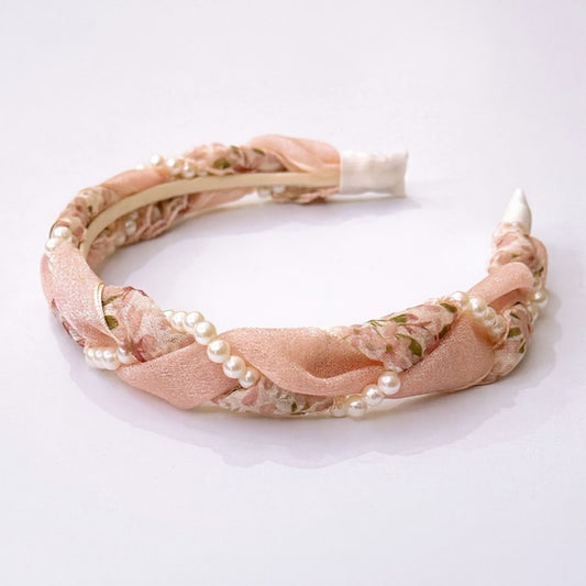 Anna-Kaci Twisted Floral Fabric Headband with Pearl Embellishment and Knotted Design 6x6.3in