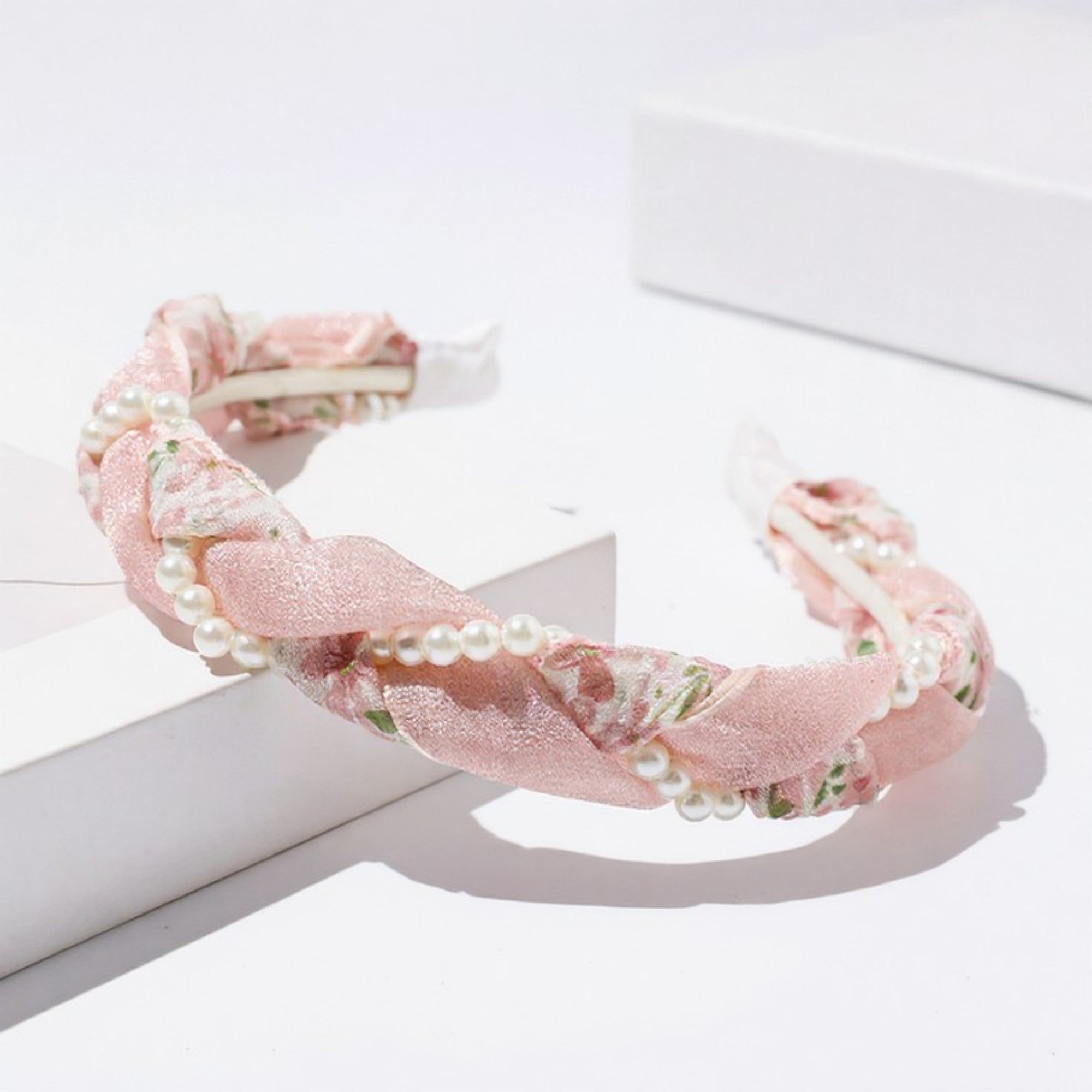 Anna-Kaci Twisted Floral Fabric Headband with Pearl Embellishment and Knotted Design 6x6.3in