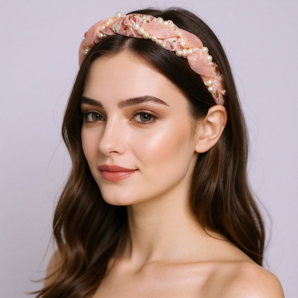 Anna-Kaci Twisted Floral Fabric Headband with Pearl Embellishment and Knotted Design 6x6.3in