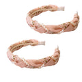 Anna-Kaci 2pcs Twisted Floral Fabric Headband with Pearl Embellishment and Knotted Design 6x6.3in