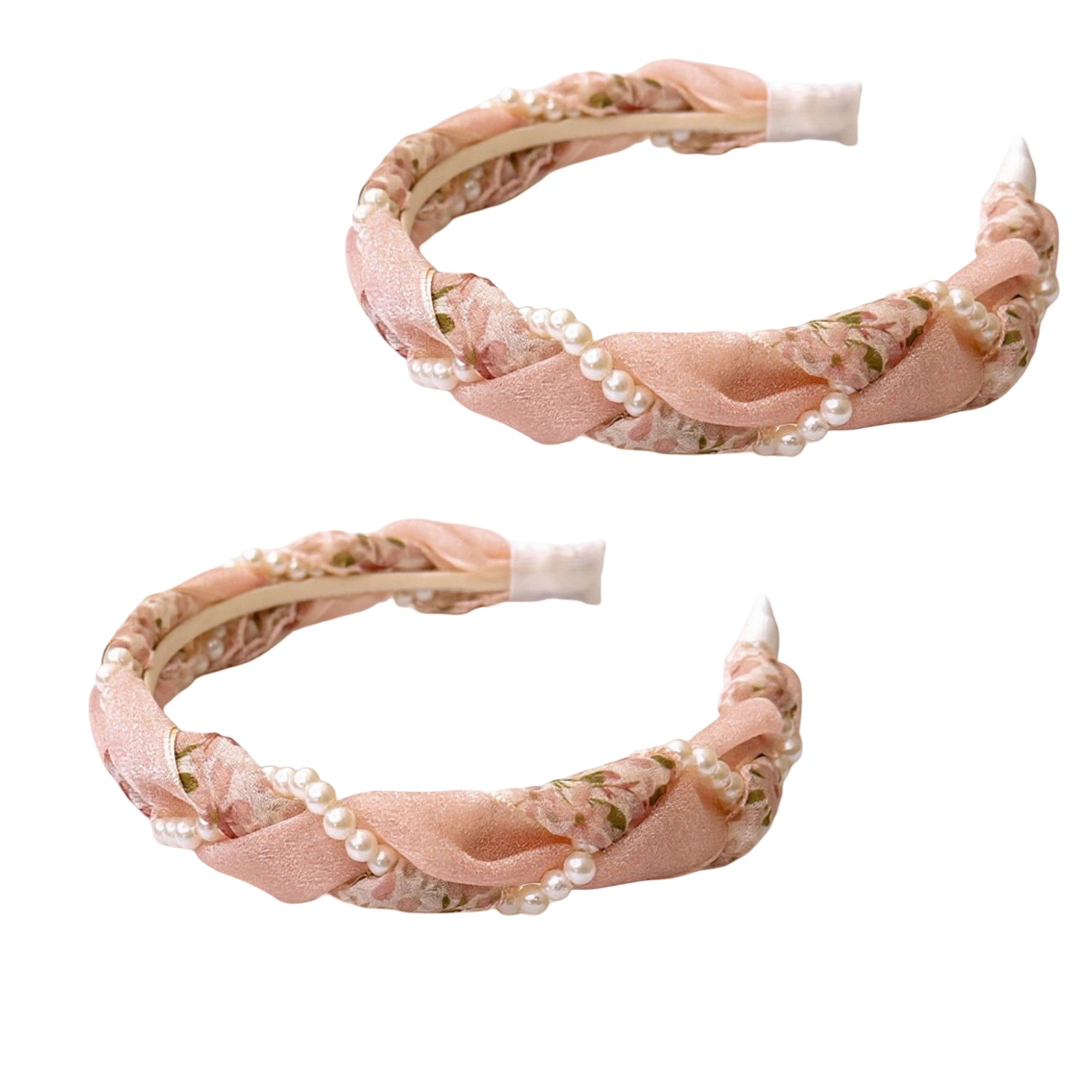 Anna-Kaci 2pcs Twisted Floral Fabric Headband with Pearl Embellishment and Knotted Design 6x6.3in