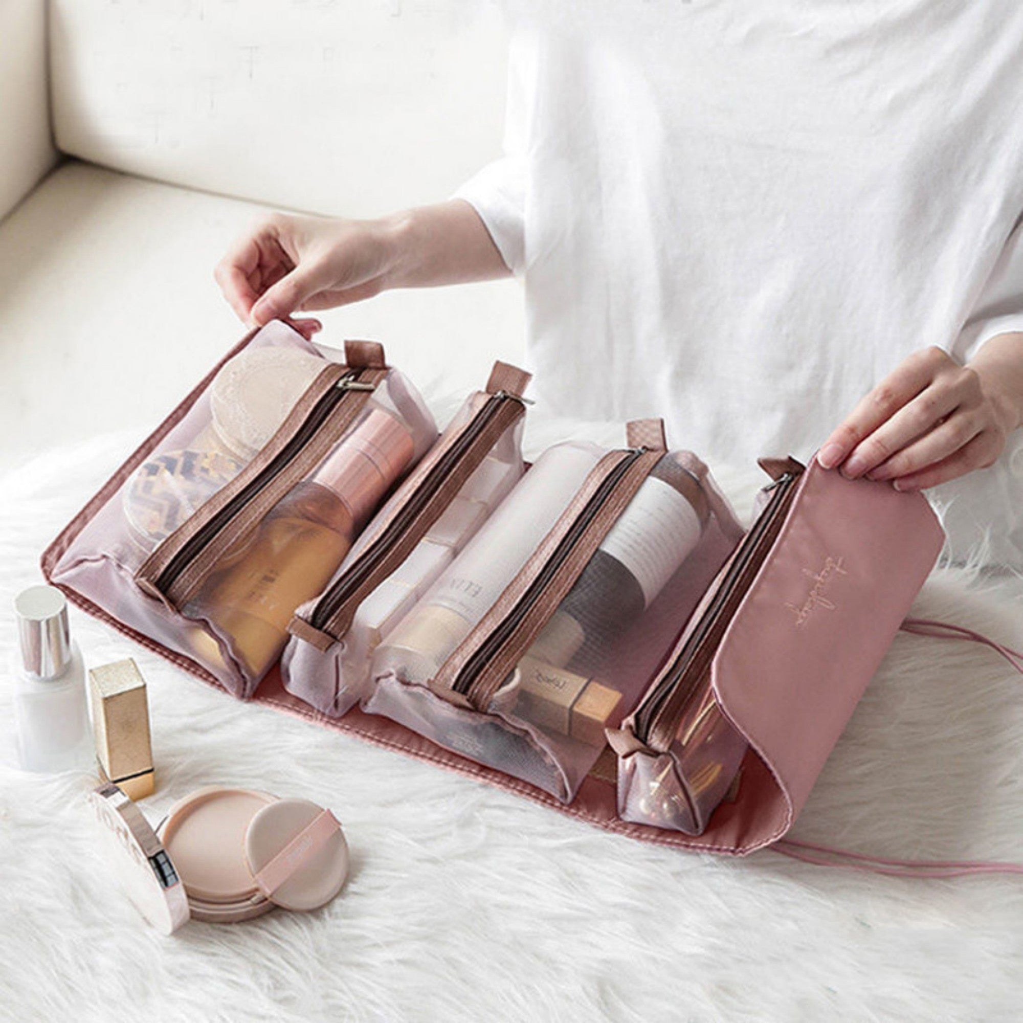 Anna-Kaci Foldable Travel Toiletry Bag with Multiple Clear Zip Compartments and Hanging Design 8.5x6x3in