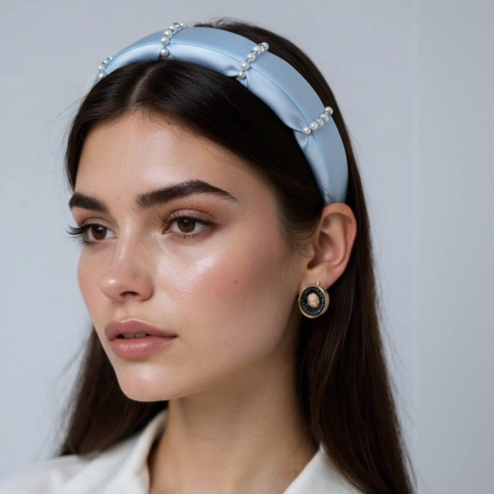 Anna-Kaci Women's Padded Satin Headband with Pearl and Crystal Bead Embellishments 6.3x4.7x1.2in