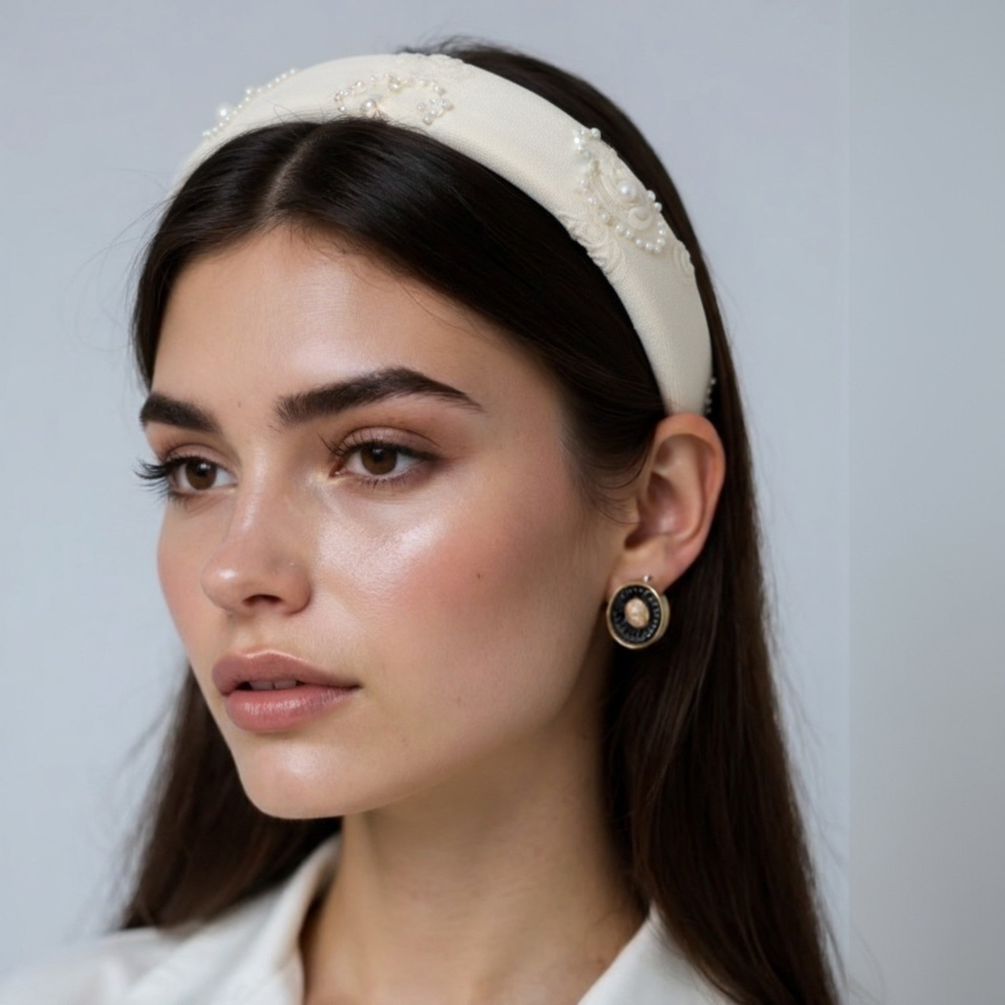 Anna-Kaci Women's Padded Satin Headband with Pearl and Crystal Bead Embellishments 6.3x4.7x1.2in