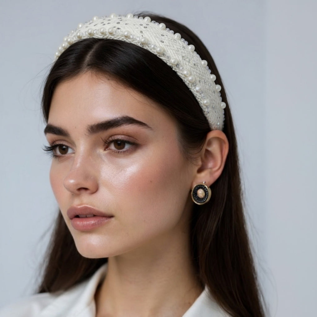 Anna-Kaci Women's Padded Satin Headband with Pearl and Crystal Bead Embellishments 6.3x4.7x1.2in