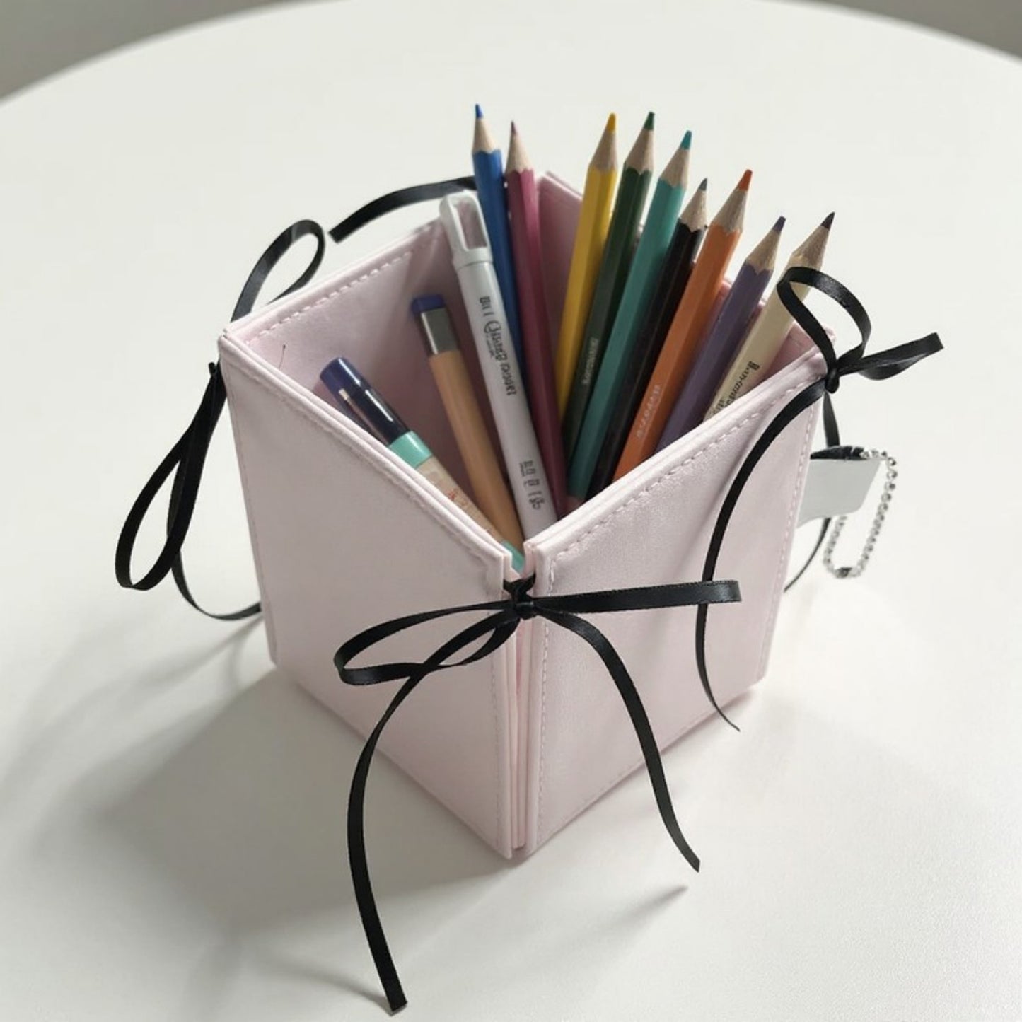 Anna-Kaci Foldable Pencil Holder with Ribbon Tie Corners and Multi-Section Design 3x4in