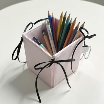 Anna-Kaci Foldable Pencil Holder with Ribbon Tie Corners and Multi-Section Design 3x4in