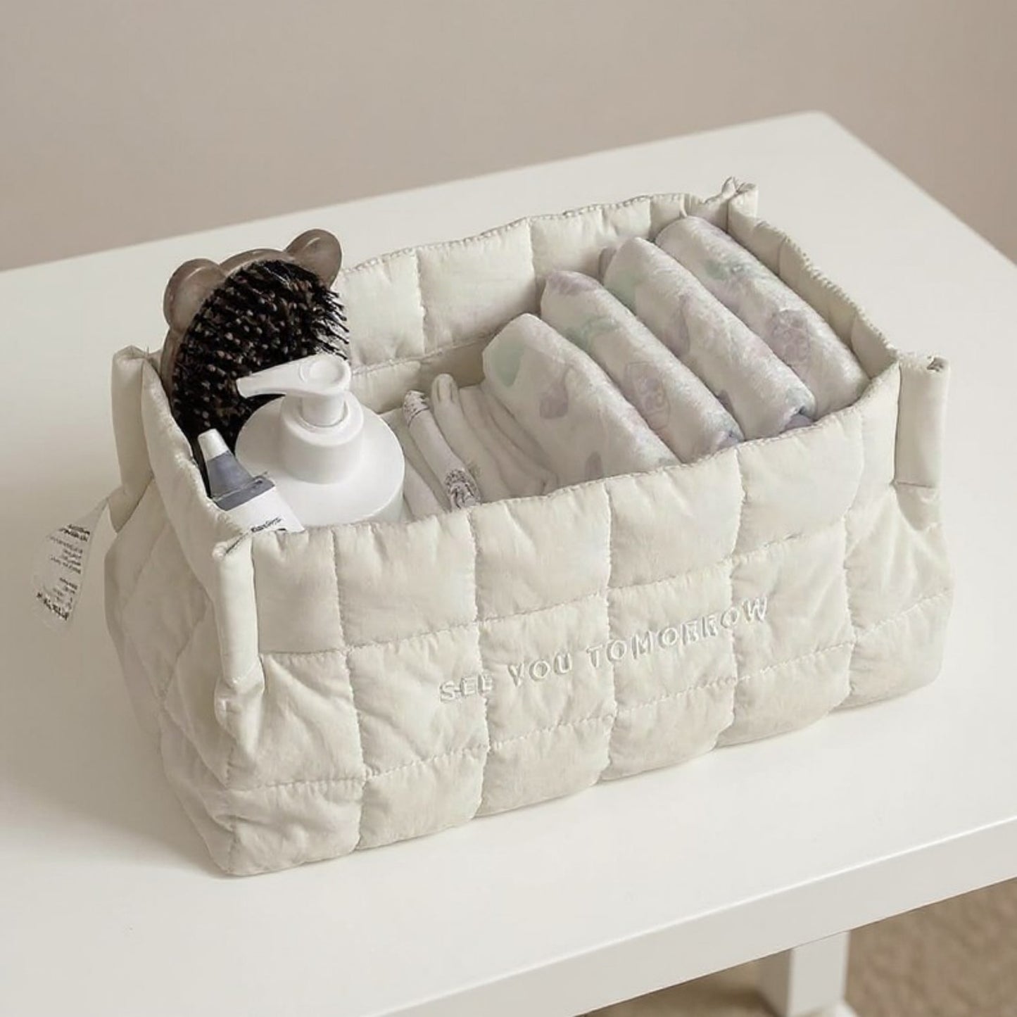 Anna-Kaci Quilted Storage Basket with Embroidered Text and Soft Padded Sides 12x6x5.5in