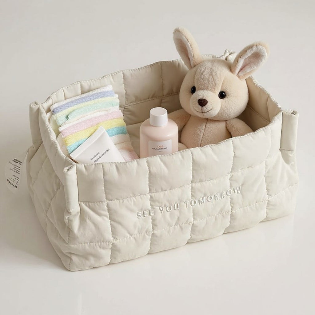 Anna-Kaci Quilted Storage Basket with Embroidered Text and Soft Padded Sides 12x6x5.5in