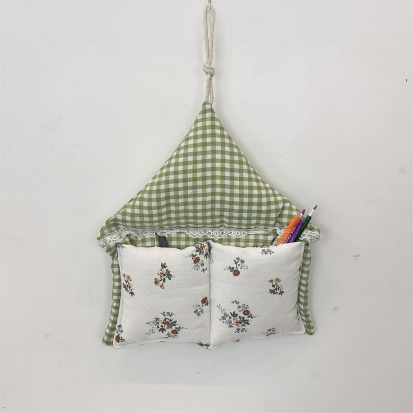 Anna-Kaci Hanging Wall Organizer with Gingham Top and Floral Double Pockets 11x10in