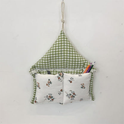 Anna-Kaci Hanging Wall Organizer with Gingham Top and Floral Double Pockets 11x10in