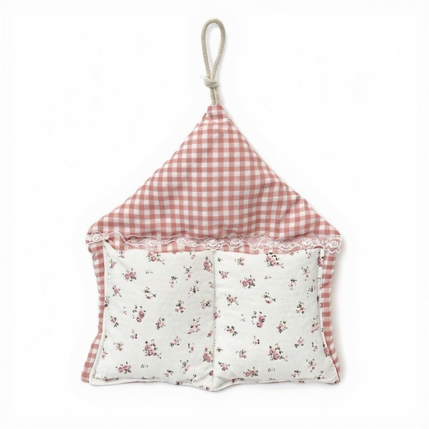 Anna-Kaci Hanging Wall Organizer with Gingham Top and Floral Double Pockets 11x10in