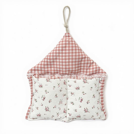 Anna-Kaci Hanging Wall Organizer with Gingham Top and Floral Double Pockets 11x10in
