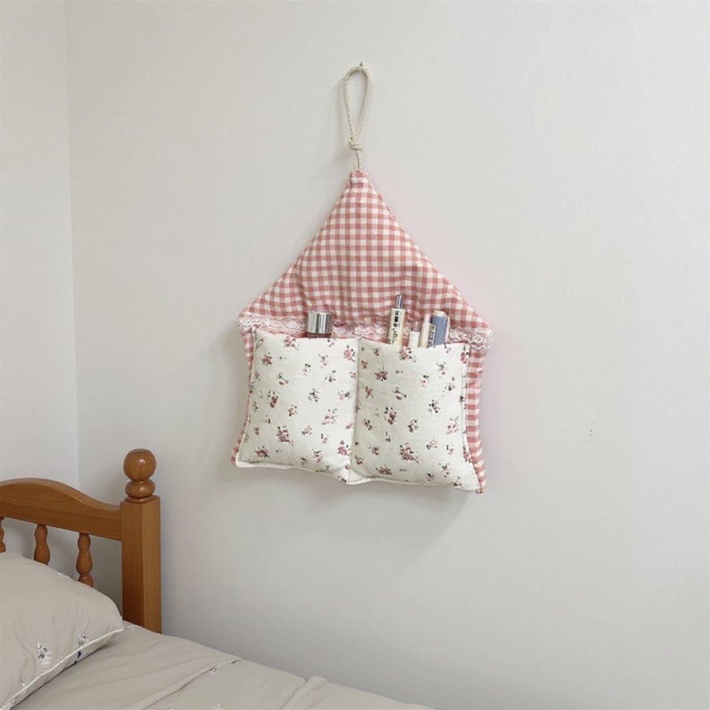 Anna-Kaci Hanging Wall Organizer with Gingham Top and Floral Double Pockets 11x10in