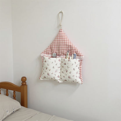 Anna-Kaci Hanging Wall Organizer with Gingham Top and Floral Double Pockets 11x10in