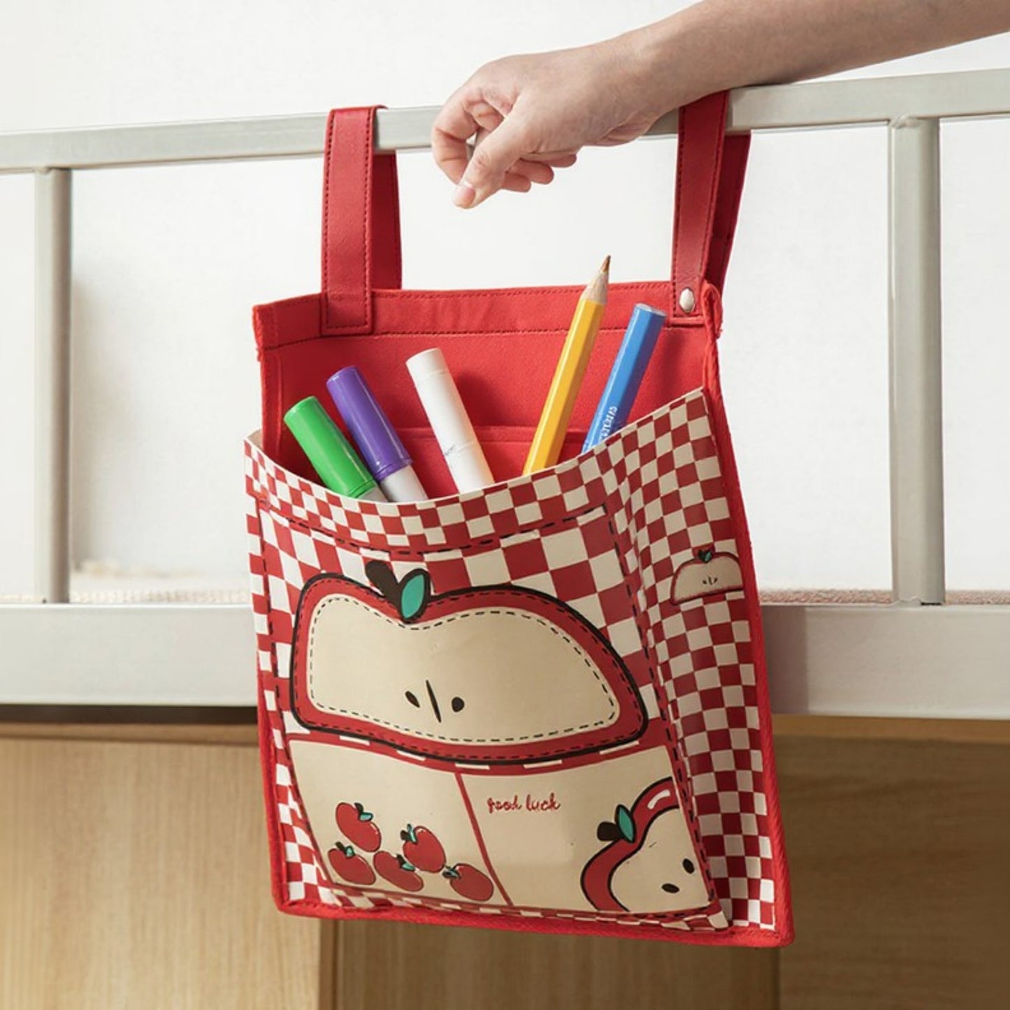 Anna-Kaci Hanging Storage Bag with Playful House Print and Snap-On Straps 15.5x12in