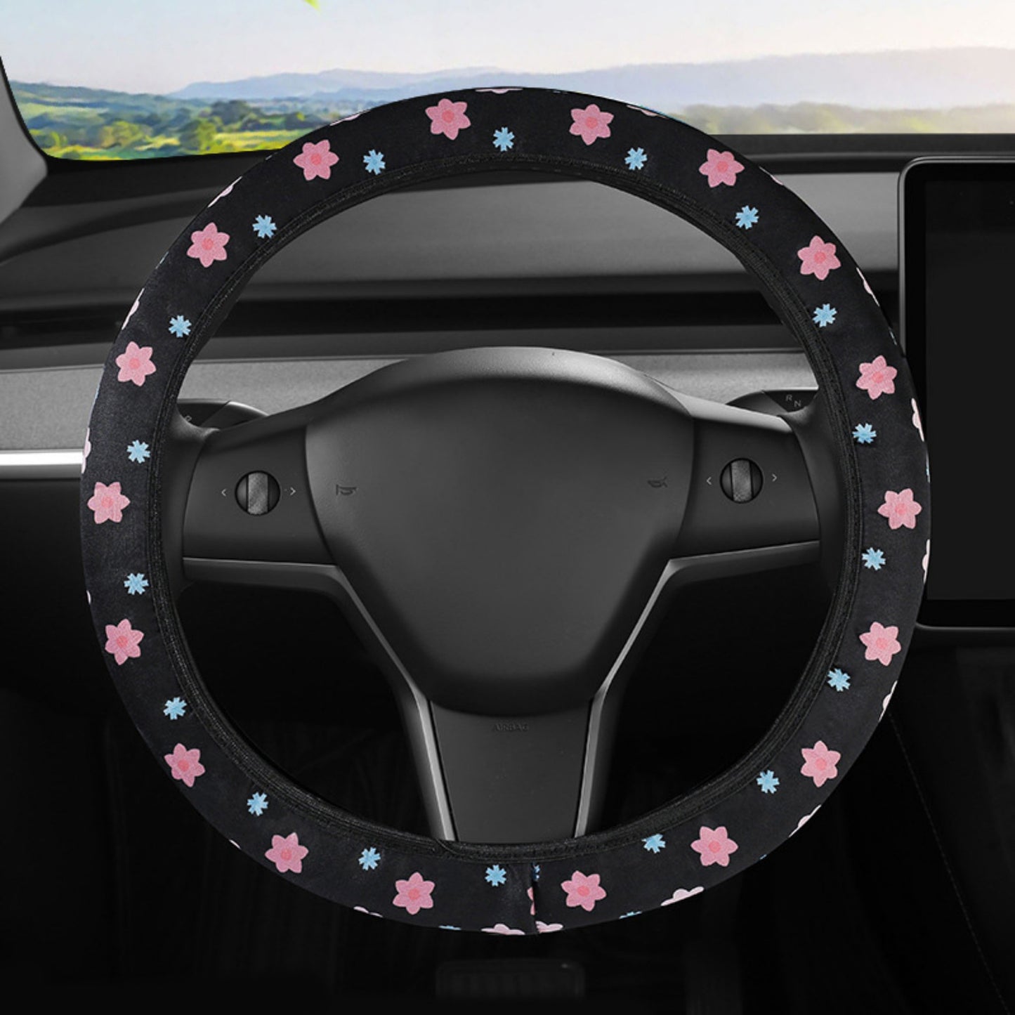 Anna-Kaci Plush Steering Wheel Cover with Floral Embroidered Pattern