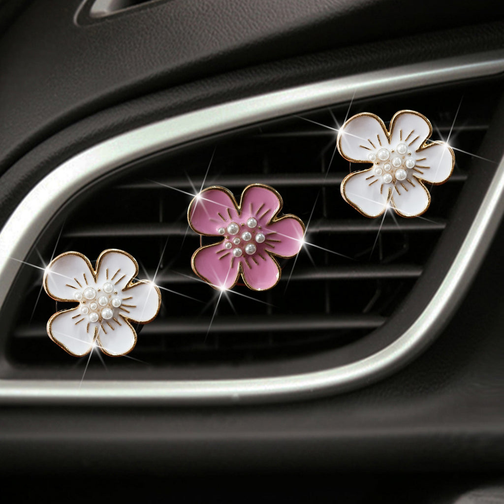 Anna-Kaci 3-Piece Enamel Flower Car Air Vent Clip Set with Pearl Center Design 1.1in