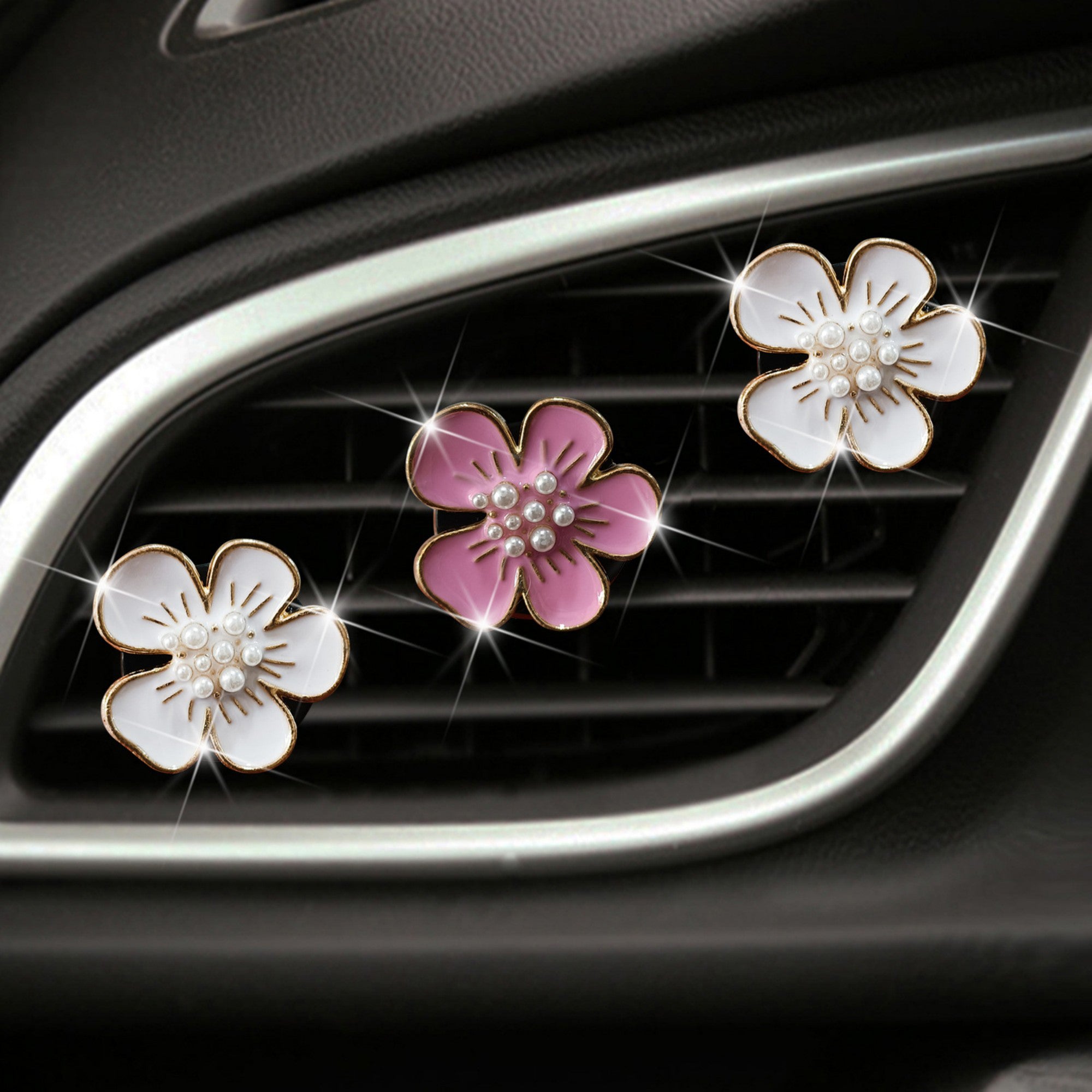 Anna-Kaci 3-Piece Enamel Flower Car Air Vent Clip Set with Pearl Center Design 1.1in