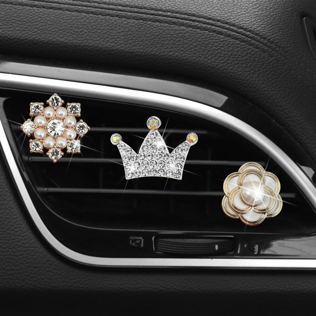 Anna-Kaci 3-Piece Rhinestone and Pearl Car Air Vent Clip Set Crown and Flower Designs 0.8in