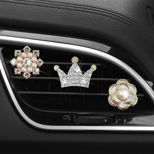 Anna-Kaci 3-Piece Rhinestone and Pearl Car Air Vent Clip Set Crown and Flower Designs 0.8in
