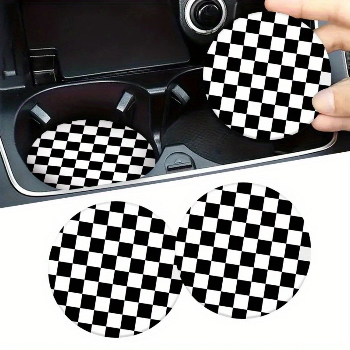 Anna-Kaci Checkered Car Cup Holder Coasters Anti-Slip Absorbent Mats Set of 2