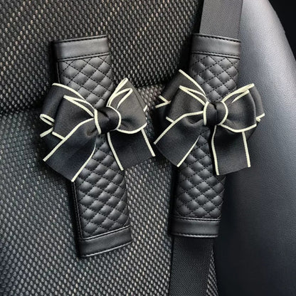 Anna-Kaci Quilted PU Leather Car Seat Belt Covers with Decorative Ribbon Bow Set