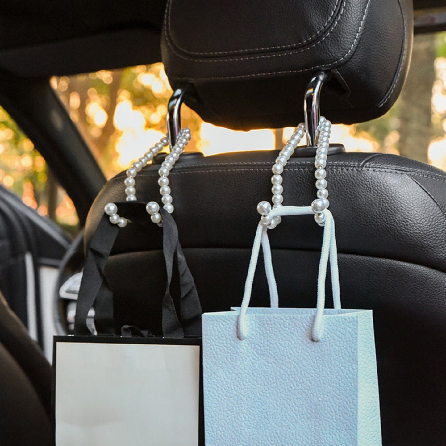 Anna-Kaci Pearl Beaded Car Headrest Hook Set Hanger for Handbags and Accessories