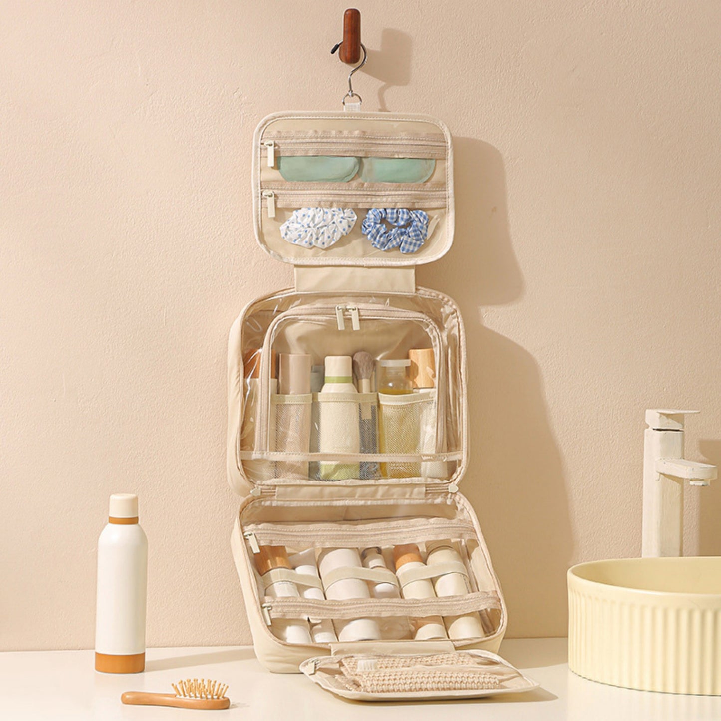 Anna-Kaci Hanging Toiletry Bag with Large Capacity and Transparent Mesh Compartments 12x8.5x4.5in