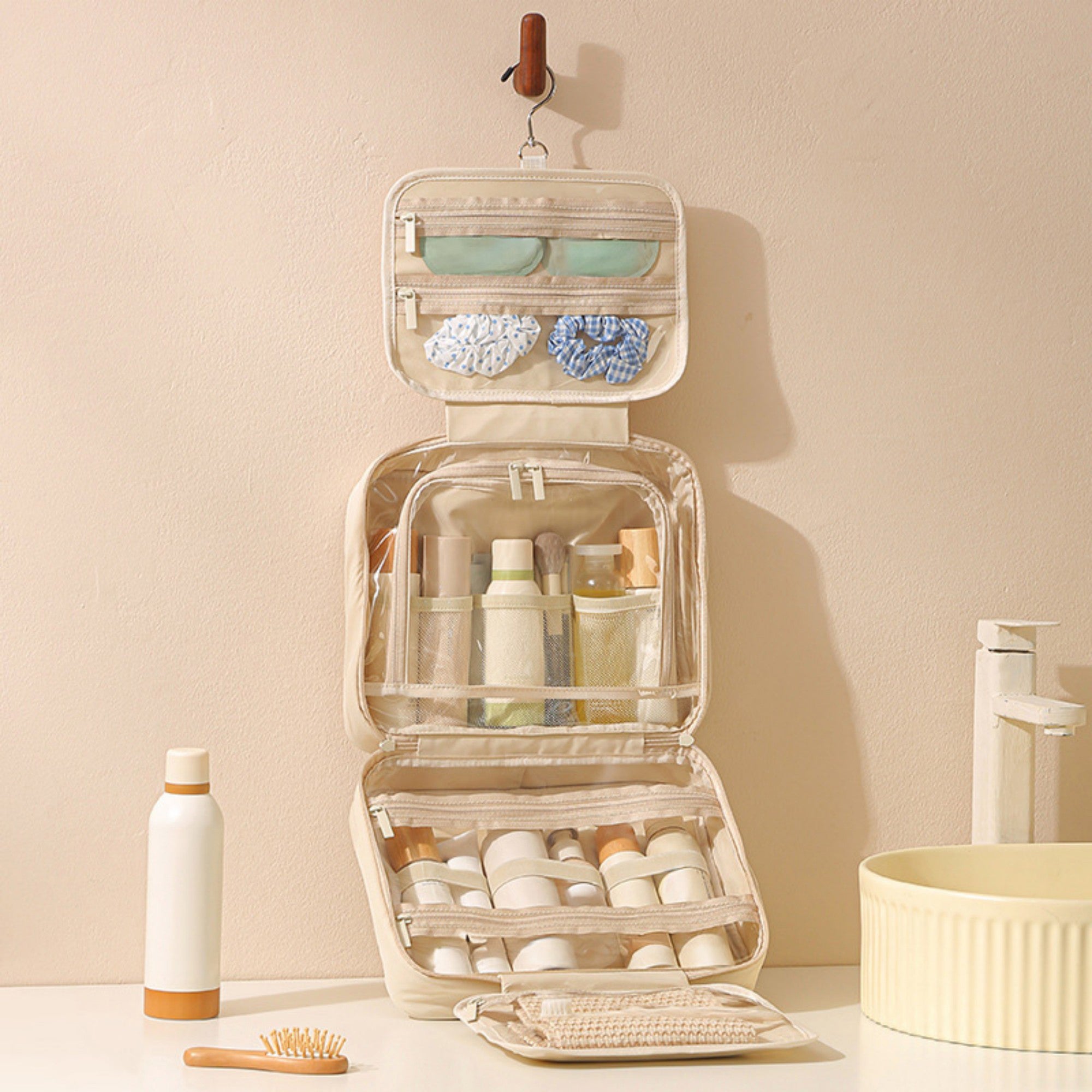Anna-Kaci Hanging Toiletry Bag with Large Capacity and Transparent Mesh Compartments 12x8.5x4.5in