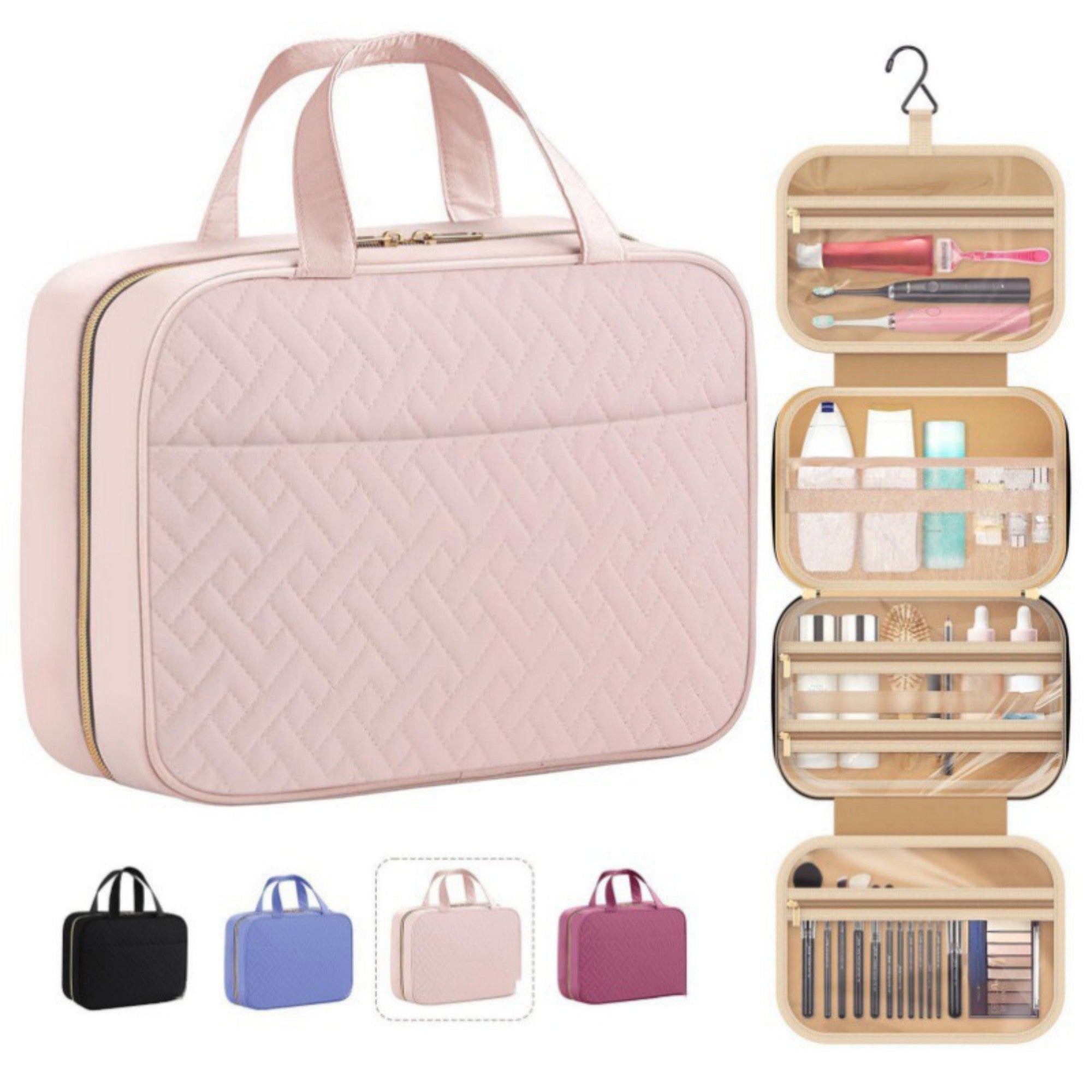 Anna-Kaci Hanging Toiletry Bag with Multiple Transparent Compartments and Travel Hook