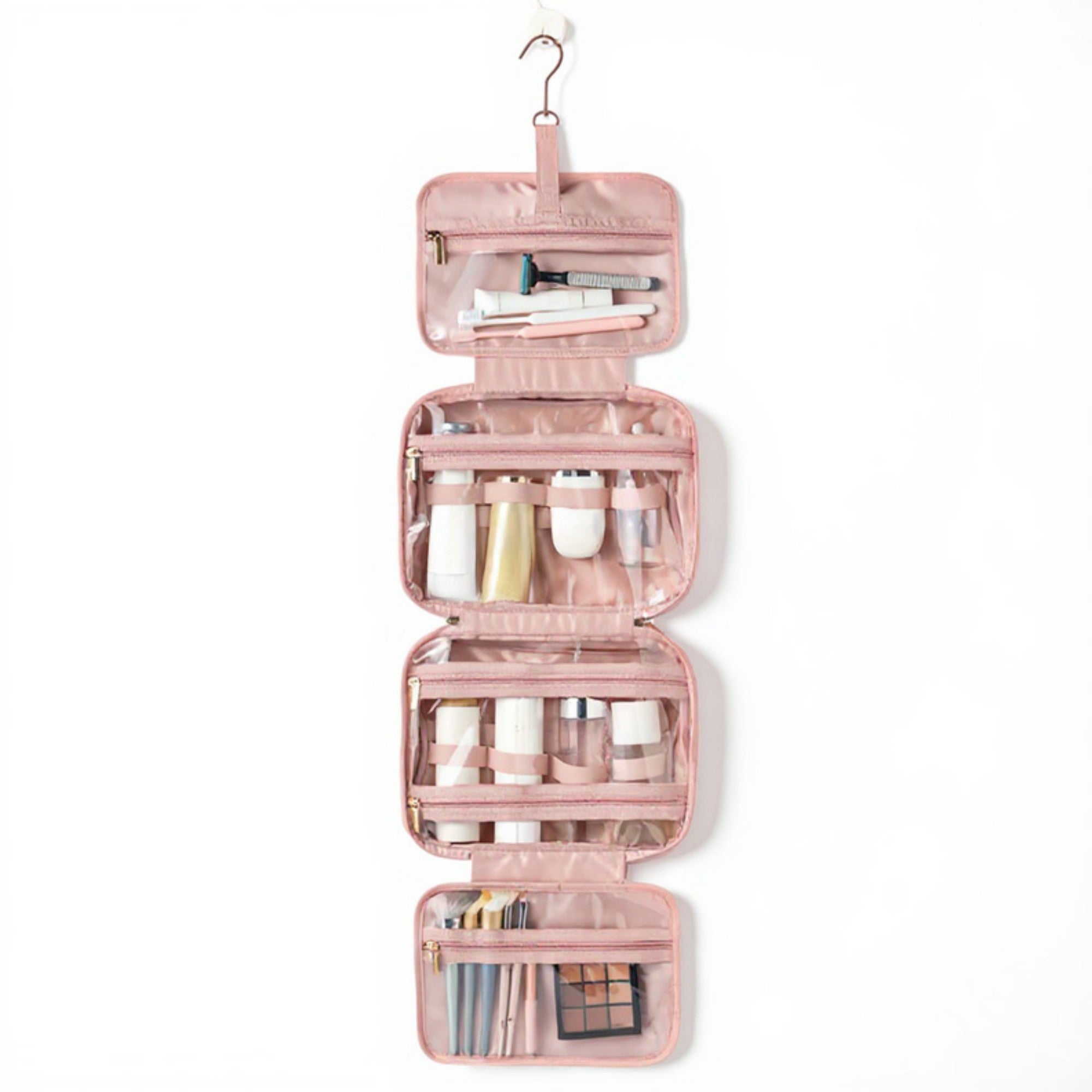 Anna-Kaci Hanging Toiletry Bag with Multiple Transparent Compartments and Travel Hook