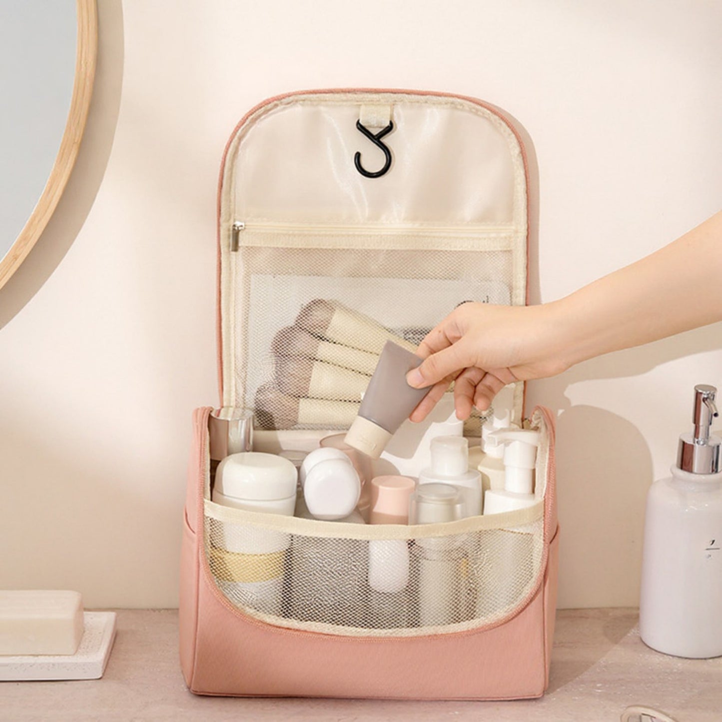 Anna-Kaci Hanging Toiletry Bag with Large Mesh Compartments and Built-In Hook Organizer