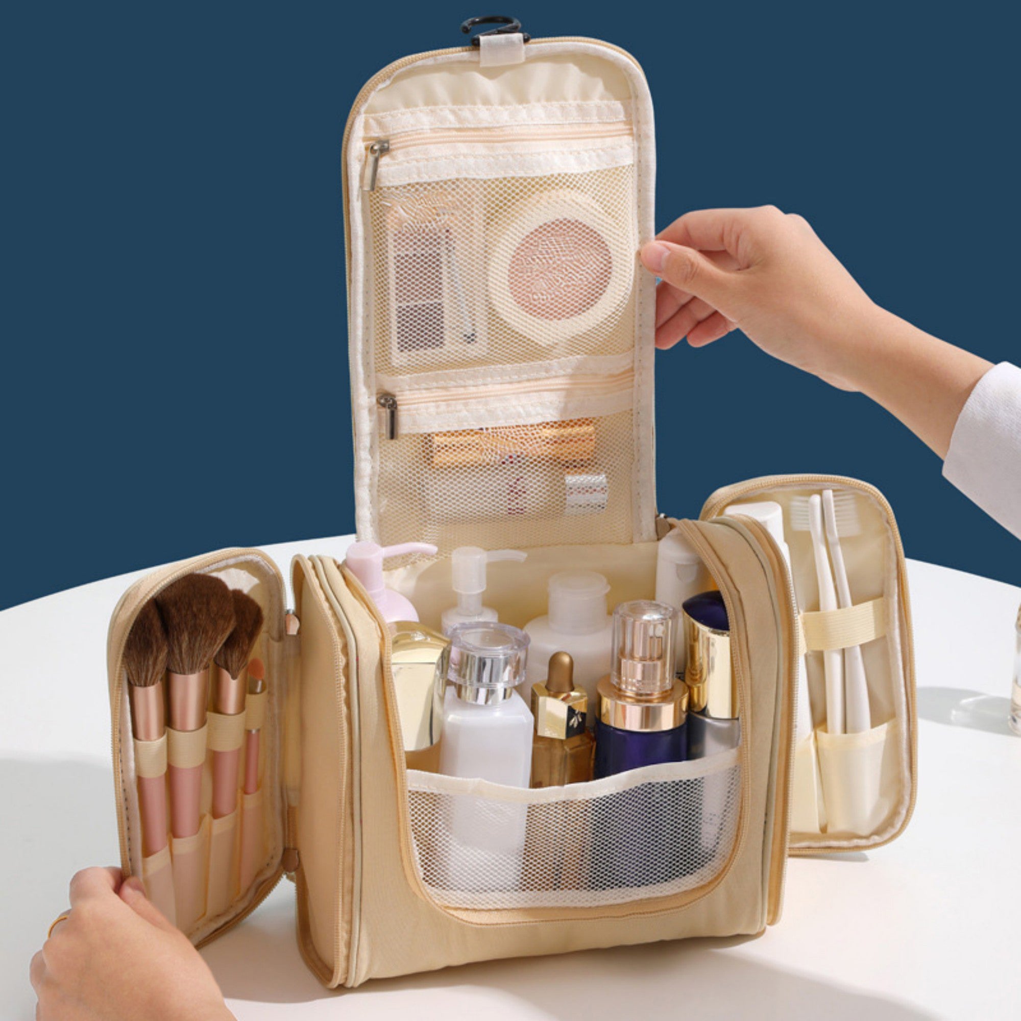 Anna-Kaci Hanging Travel Toiletry Bag with Multi-Compartment Design and Hook Organizer