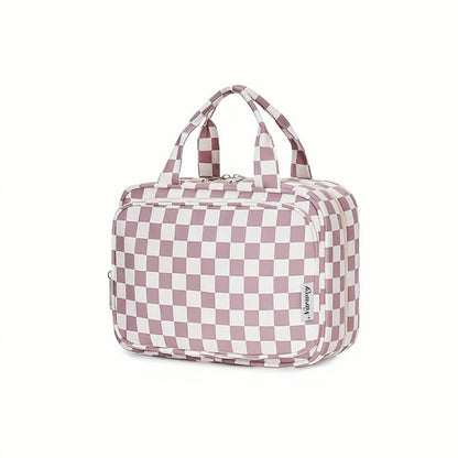 Anna-Kaci Hanging Toiletry Bag with Checkered Pattern and Multi-Layer Compartment Organizer 10.7x8x5.5in