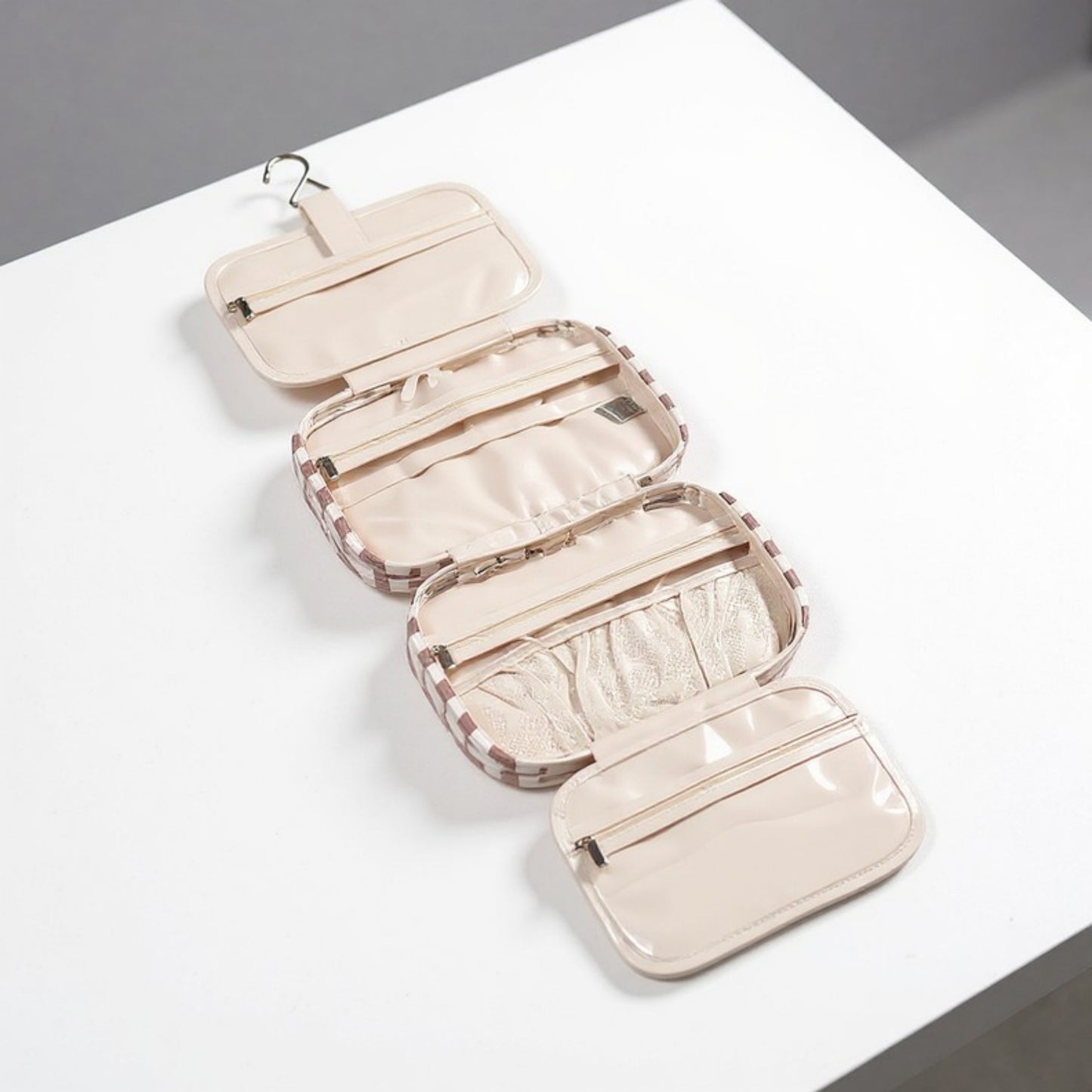 Anna-Kaci Hanging Toiletry Bag with Checkered Pattern and Multi-Layer Compartment Organizer 10.7x8x5.5in