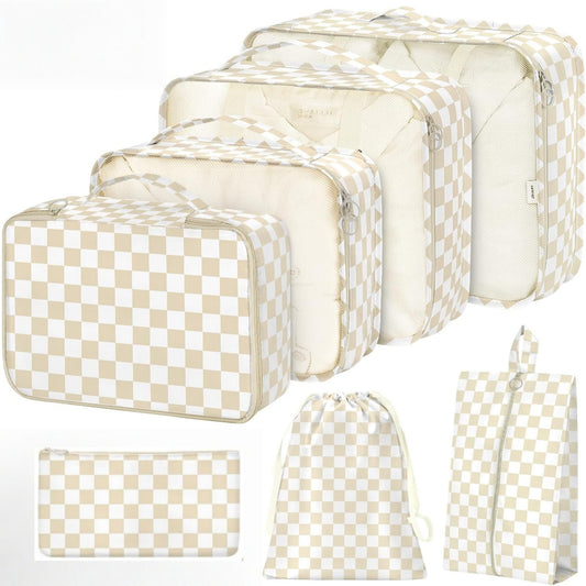 Anna-Kaci 7-Piece Travel Packing Cube Set with Checkered Pattern and Multi-Size Organizers 16x12.5x3.5in