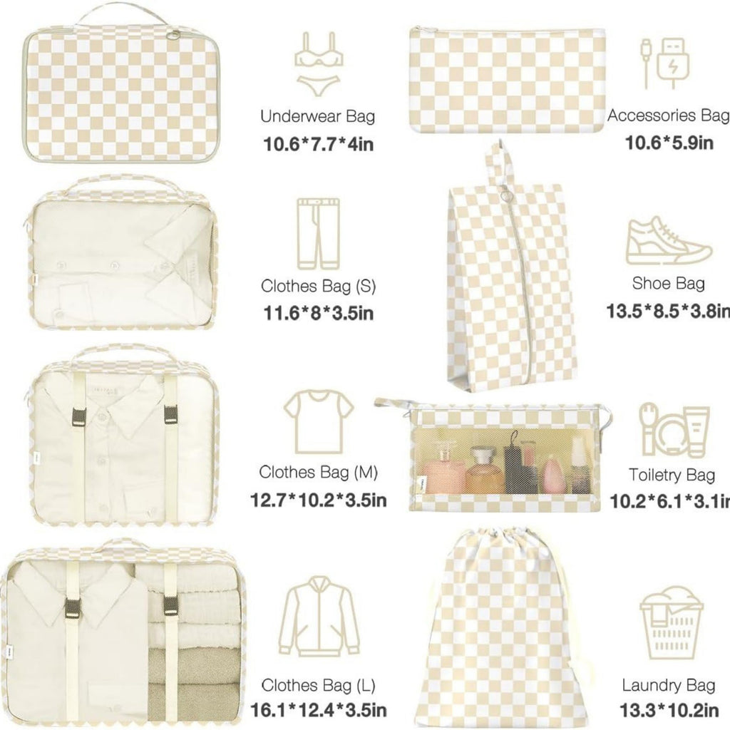Anna-Kaci 7-Piece Travel Packing Cube Set with Checkered Pattern and Multi-Size Organizers 16x12.5x3.5in