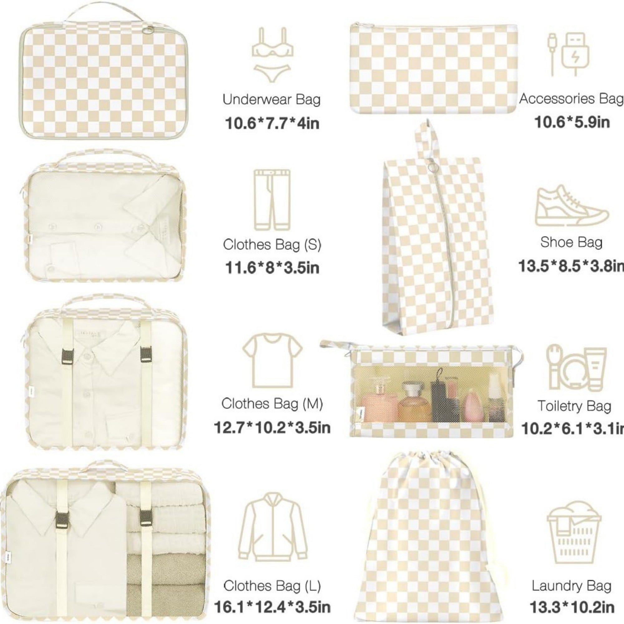 Anna-Kaci 7-Piece Travel Packing Cube Set with Checkered Pattern and Multi-Size Organizers 16x12.5x3.5in