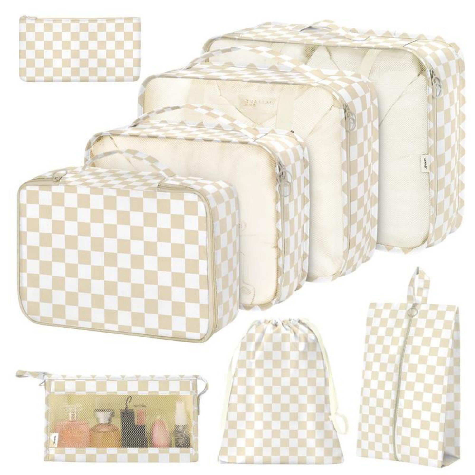 Anna-Kaci 7-Piece Travel Packing Cube Set with Checkered Pattern and Multi-Size Organizers 16x12.5x3.5in