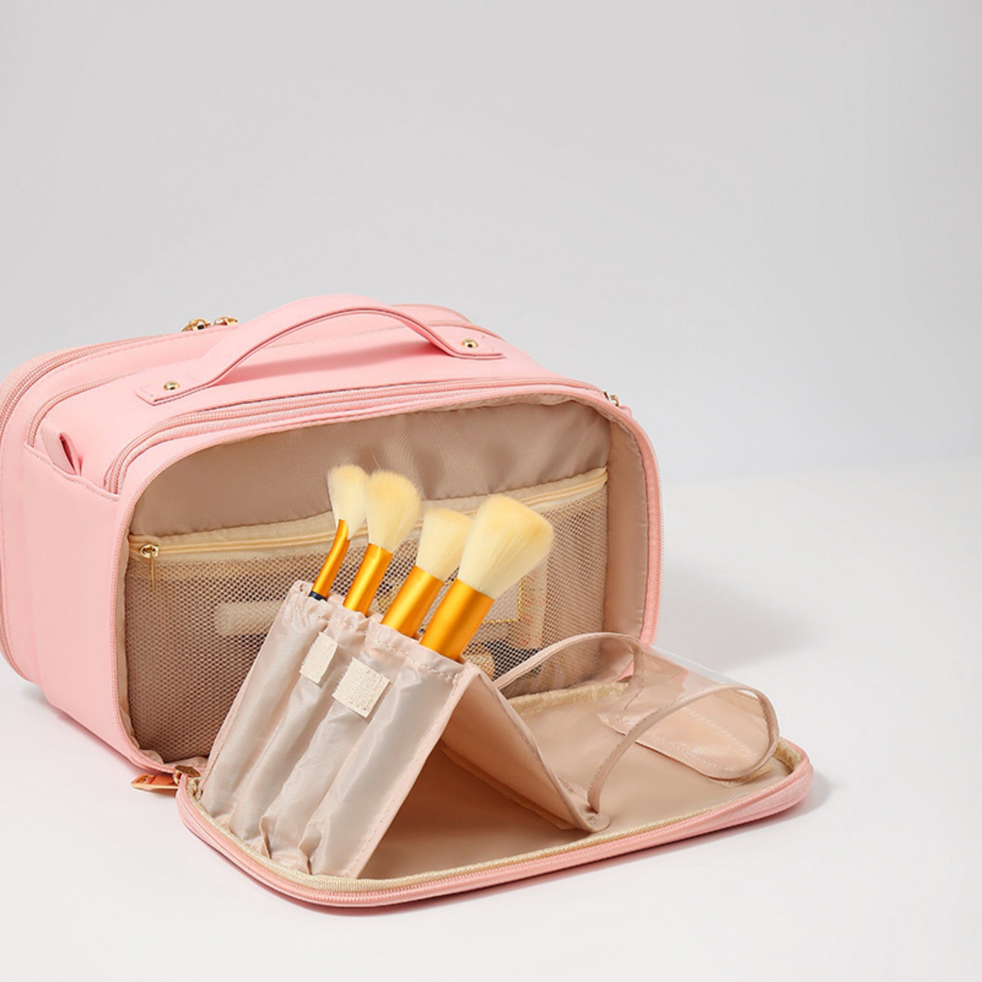 Anna-Kaci Multi-Compartment Travel Makeup Bag with Brush Holder and Transparent Pockets