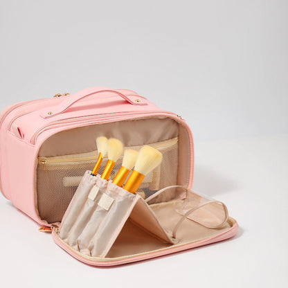 Anna-Kaci Multi-Compartment Travel Makeup Bag with Brush Holder and Transparent Pockets